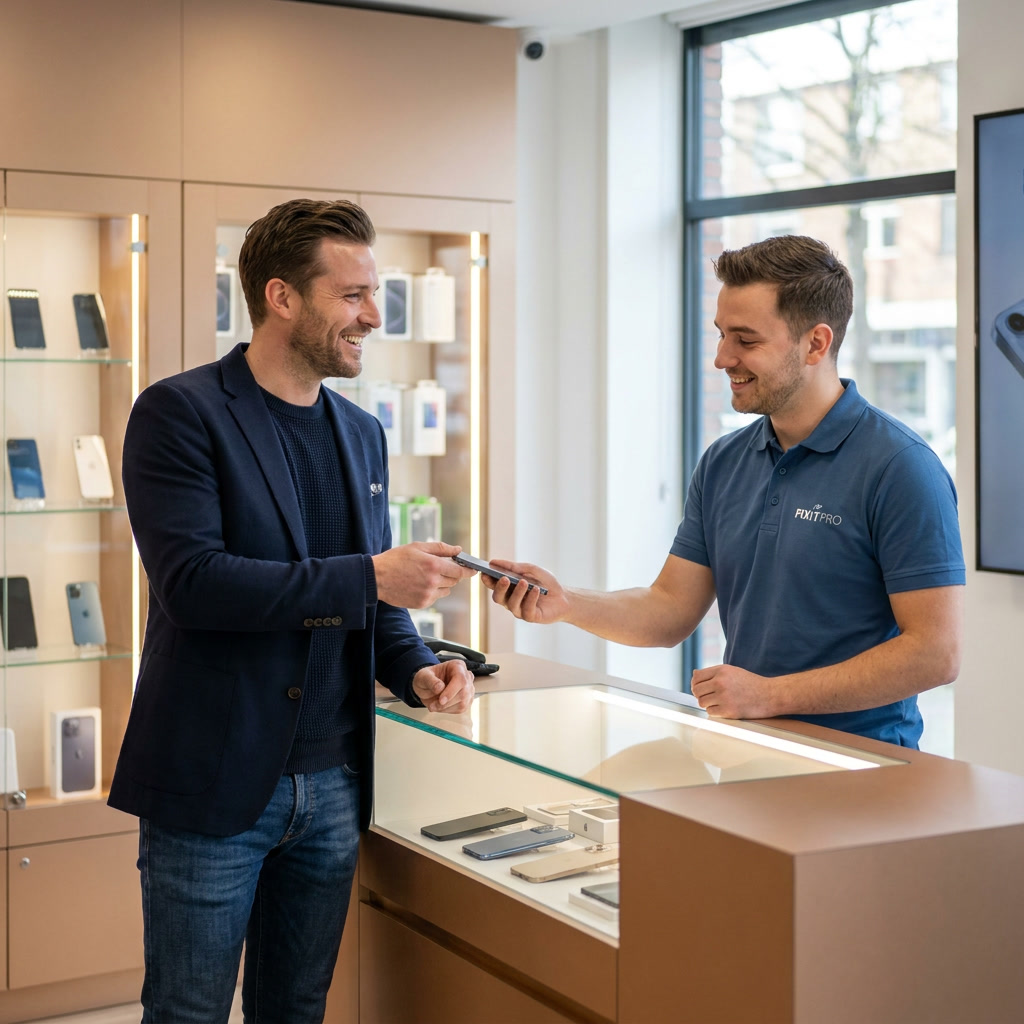 Klant lacht met monteur in de winkel van Telefoon Reparatie Rotterdam