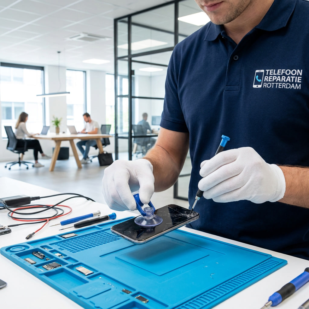 Medewerker helpt een klant aan de balie van Telefoon Reparatie Rotterdam