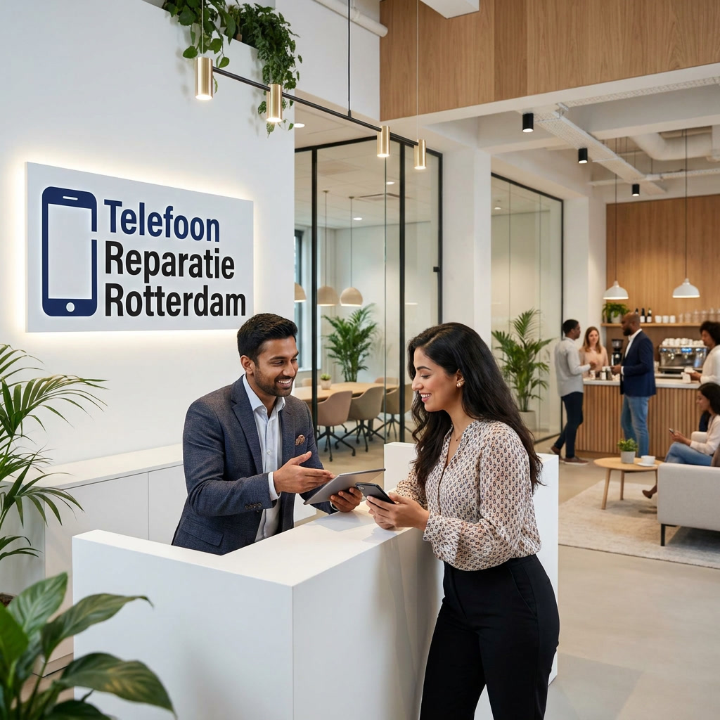 Klant met haar telefoon aan de balie van Telefoon Reparatie Rotterdam