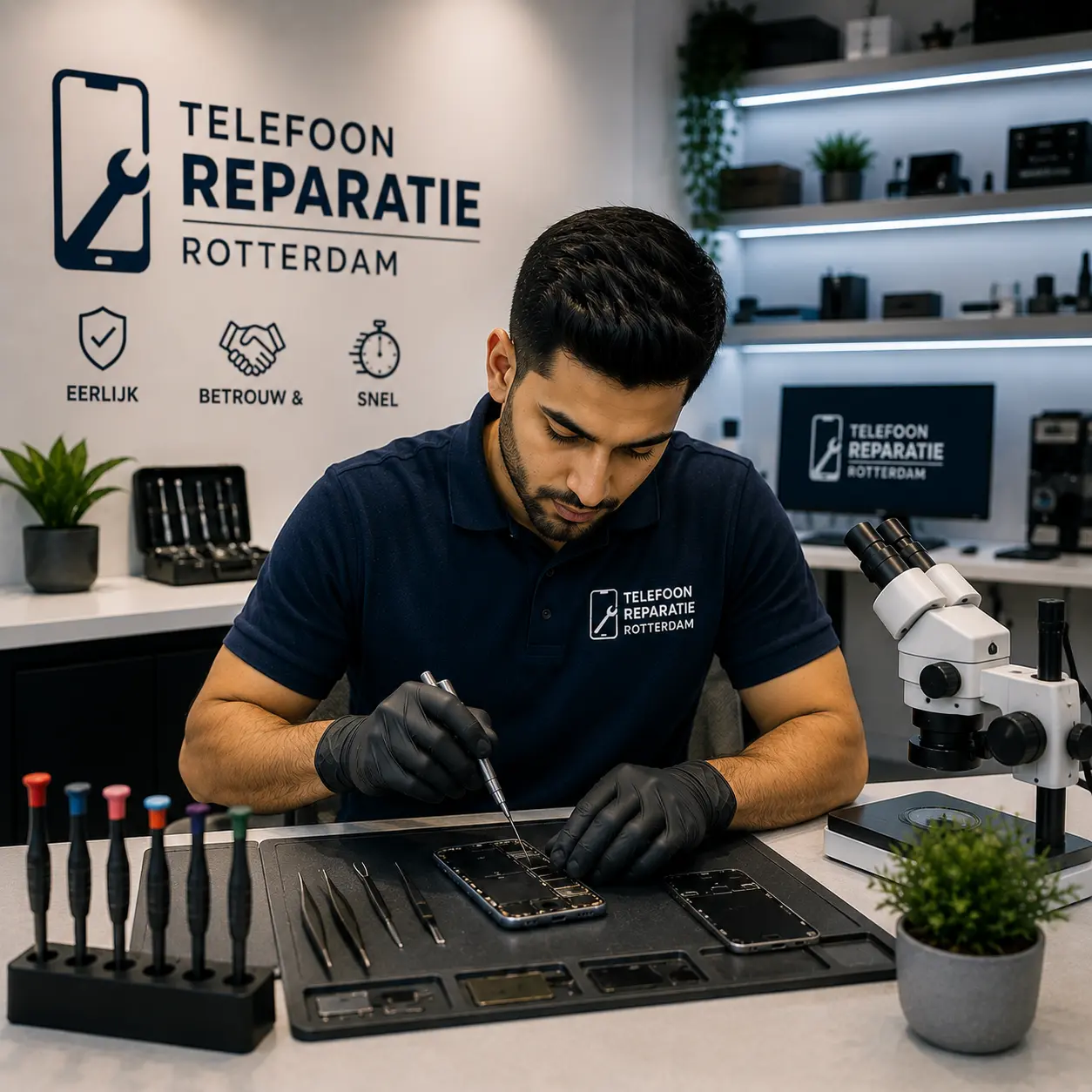 Technicus van Telefoon Reparatie Rotterdam vervangt een gebarsten iPhone-scherm op de werkbank