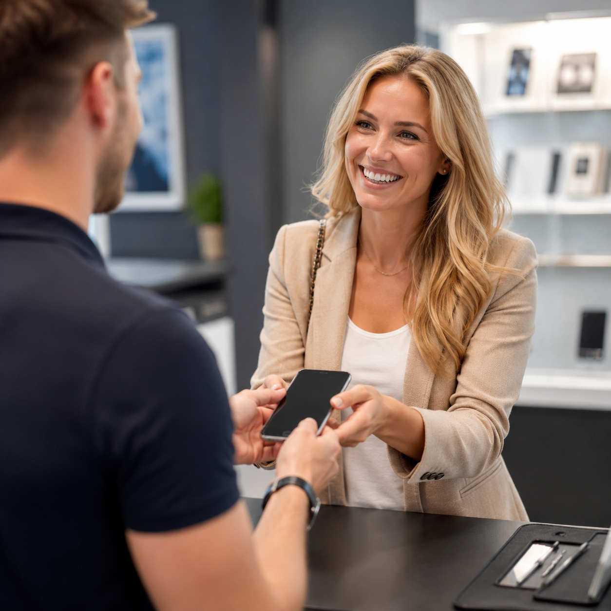 Vriendelijke monteur neemt de telefoon van een tevreden klant aan de balie aan